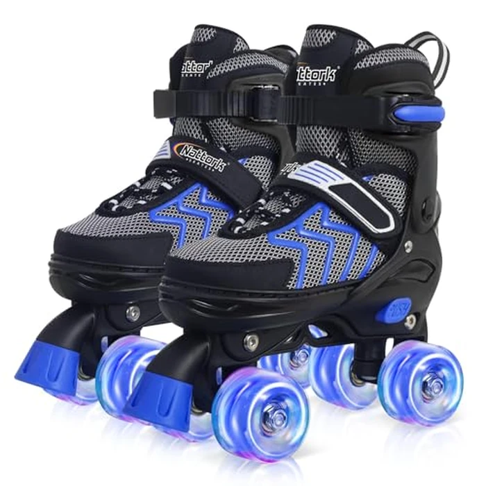 Kids Roller Skates for Boys, Blue Adjustable Rollerskates with Light Up Wheels for Teens Youth Ages 8-12 10 11 12, Beginners Outdoor Sports, Best Birthday Gift for Kids by Nattork - Used - Like New condition