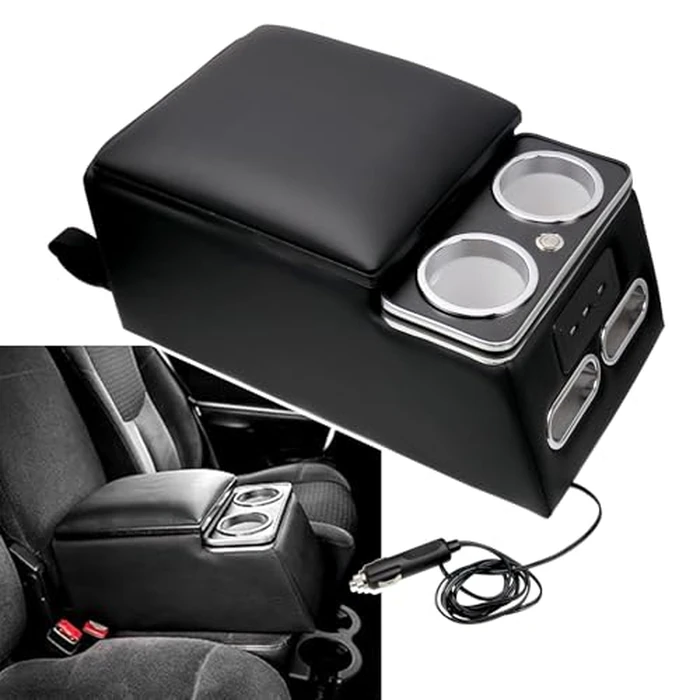 RYANSTAR RACING Black Universal Truck Seat/Bench Organizer with LED Light, USB Port, Cup Holders, Armrest, and Padded Top Lid - Ideal for Business and Storage - 124810 Contractor Console by RYANSTAR RACING - Used - Good condition - CA$84.77
