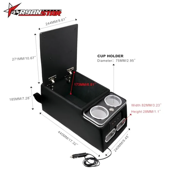 RYANSTAR RACING Black Universal Truck Seat/Bench Organizer with LED Light, USB Port, Cup Holders, Armrest, and Padded Top Lid - Ideal for Business and Storage - 124810 Contractor Console by RYANSTAR RACING - Image 2