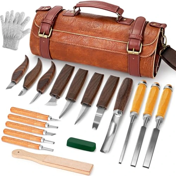 Wood Carving Kit, 20Pcs Wood Carving Tools with Leather Storage Bag, Whittling Kit with 3Pcs Chisels & 8Pcs Whittling Knives & 5 Detail Knives for Beginners and Enthusiasts by K KERNOWO - Image 1