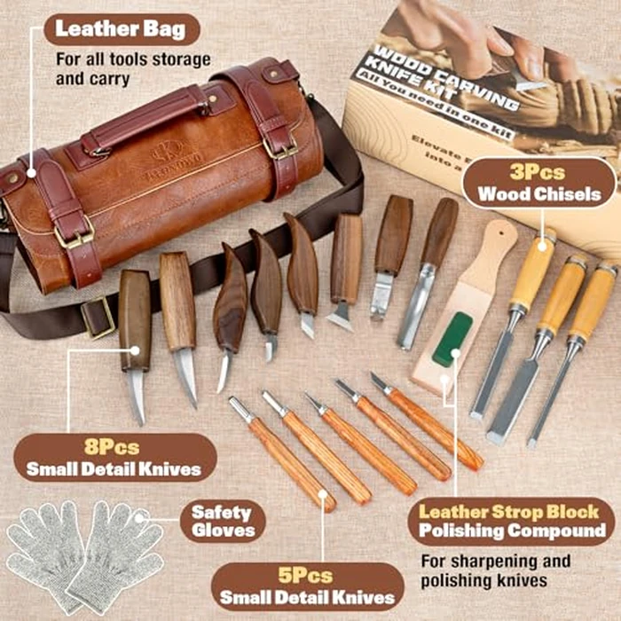 Wood Carving Kit, 20Pcs Wood Carving Tools with Leather Storage Bag, Whittling Kit with 3Pcs Chisels & 8Pcs Whittling Knives & 5 Detail Knives for Beginners and Enthusiasts by K KERNOWO - Image 2