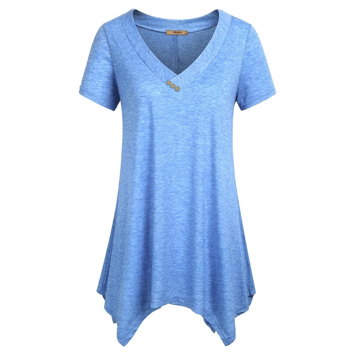 Miusey Tunic Tops To Wear With Leggings, Women's v Neck Tunic Top Short Sleeves Flowy A-Line Hem Asymmetrical Shirt Lightweight Cool Thin Fitting Swing Going Out Wear Blue 2XL by Miusey - Used - Like New condition