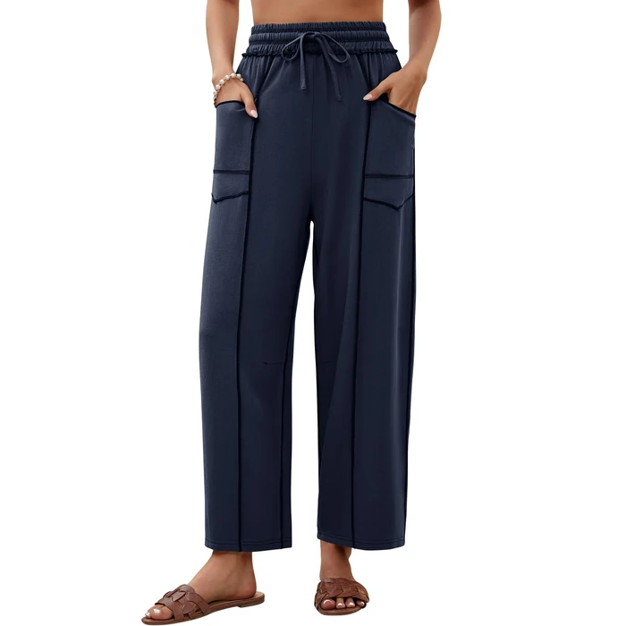 grewley Womens Linen Barrel Pants Baggy Wide Leg Pants Summer Palazzo Drawstring Waist Pants with Pockets Casual Navy Blue S by grewley - Used - Like New condition - US$33.24