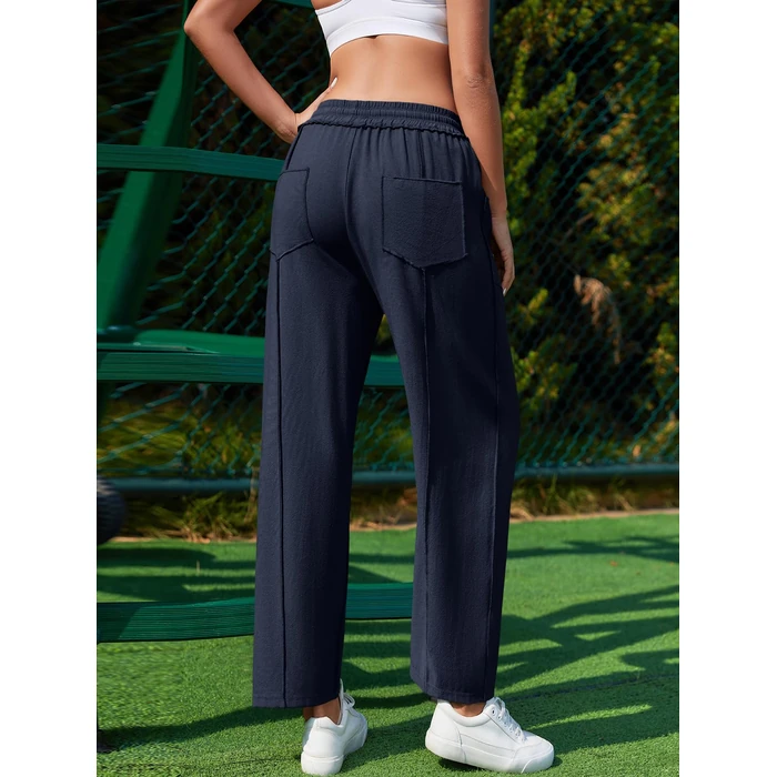 grewley Womens Linen Barrel Pants Baggy Wide Leg Pants Summer Palazzo Drawstring Waist Pants with Pockets Casual Navy Blue S by grewley - Image 3