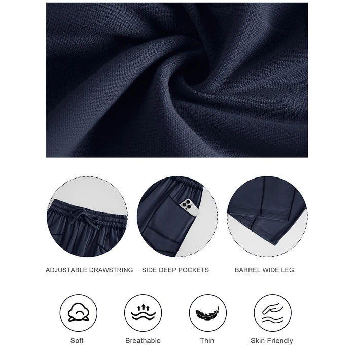 grewley Womens Linen Barrel Pants Baggy Wide Leg Pants Summer Palazzo Drawstring Waist Pants with Pockets Casual Navy Blue S by grewley - Image 6