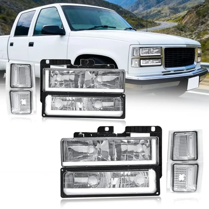 Fullux LED DRL Headlights Coner Lights Compatible with 1994-1998 Silverado & 1994-1999 Chevy Tahoe Suburban C10 C/K 1500 2500 3500 Chrome Housing Clear Reflector by Fullux - Image 1