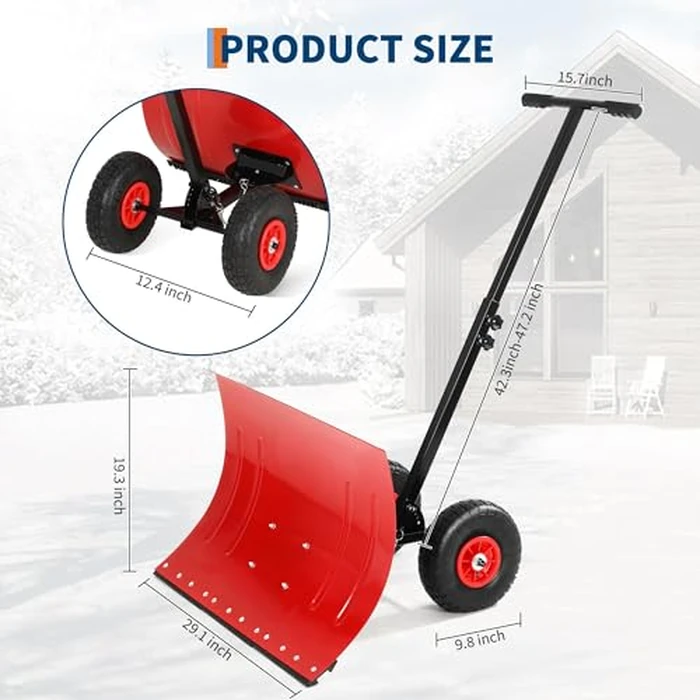 Snow Shovel with Wheels,29.1 Wx 19.3 H Heavy Duty Push Snow Plow for Driveway,Ergonomic Snow Pusher Shovel with Snow Removal Adjustable Angle & Height Handle for Driveway, Pavement by MilleLoom - Image 6