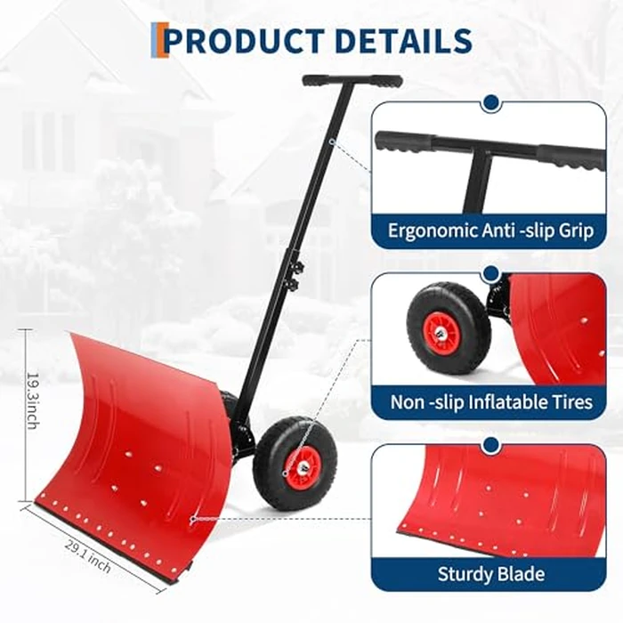 Snow Shovel with Wheels,29.1 Wx 19.3 H Heavy Duty Push Snow Plow for Driveway,Ergonomic Snow Pusher Shovel with Snow Removal Adjustable Angle & Height Handle for Driveway, Pavement by MilleLoom - Image 7