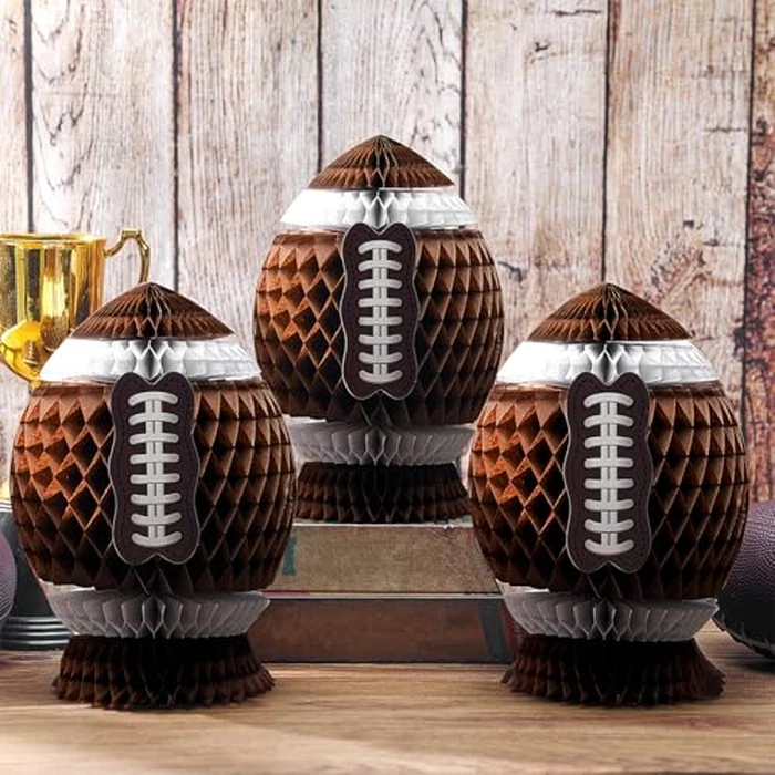 Fourluoo 3Pcs Football Party Decorations Large Football Honeycomb Centerpieces 3D Ball Table Decor Sports Ball Paper Honeycomb Decorations for Tailgate Party Decoration(Dark Brown,7.4 Inch) by Fourluoo - Image 1