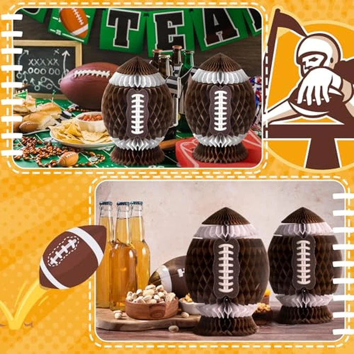 Fourluoo 3Pcs Football Party Decorations Large Football Honeycomb Centerpieces 3D Ball Table Decor Sports Ball Paper Honeycomb Decorations for Tailgate Party Decoration(Dark Brown,7.4 Inch) by Fourluoo - Image 4