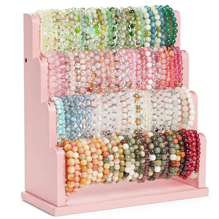 Emfogo Bracelet Holder, 4 Tier Bracelet Organizer Storage for Bracelets Bangles Watch Scrunchies, Rustic Wood Jewelry Organizer Display for Home, Vendors, Craft Shows and Store(Pink) by Emfogo - Used - Very Good condition - US$25.38