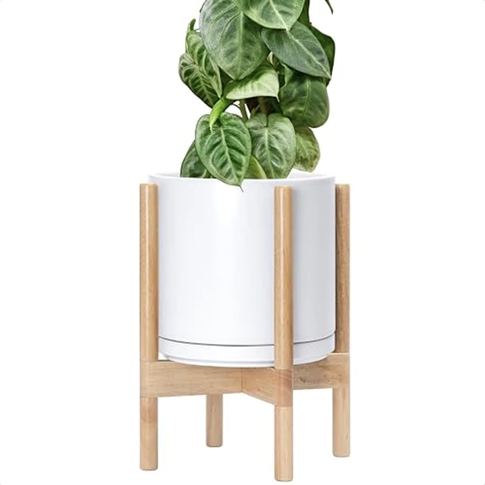 D'vine Dev Ceramic Planter with Natural Stand - 10 Inch Modern Round Flower Pot with Wood Planter Holder, White, 55-B-K-1 by D'vine Dev - Used - Very Good condition - US$63.99
