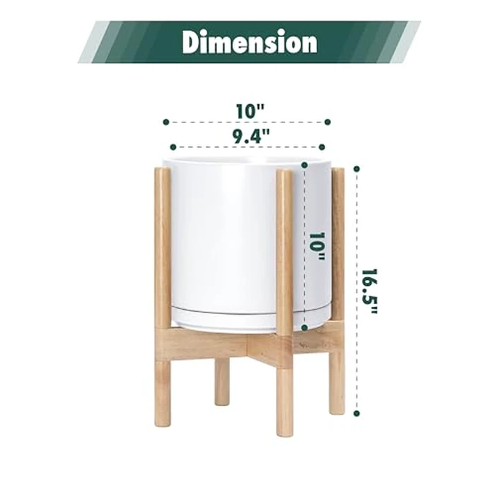 D'vine Dev Ceramic Planter with Natural Stand - 10 Inch Modern Round Flower Pot with Wood Planter Holder, White, 55-B-K-1 by D'vine Dev - Image 2