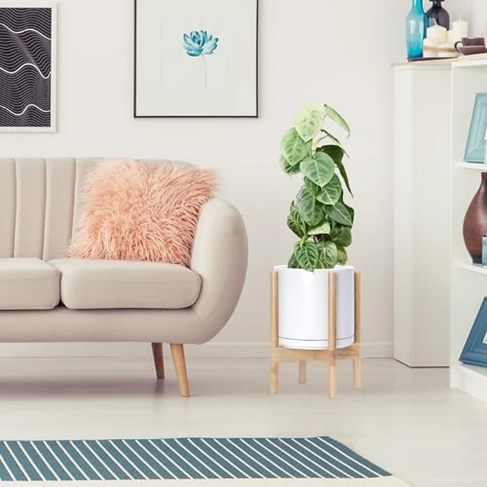 D'vine Dev Ceramic Planter with Natural Stand - 10 Inch Modern Round Flower Pot with Wood Planter Holder, White, 55-B-K-1 by D'vine Dev - Image 3