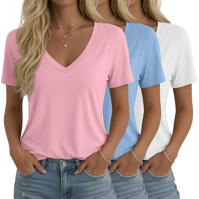 Ficerd 3 Pack Women's Short Sleeve T-Shirts V Neck Tunic Tops Casual Summer Curved Hem Tees Loose Fit Solid Basic Tshirt 2026(Light Pink, Sky Blue, White,Small) by Ficerd - Used - Like New condition
