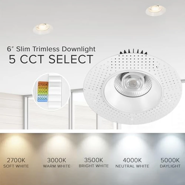 Maxxima 6 in. Trimless Ultra-Thin Recessed Anti-Glare LED Downlight Canless IC Rated 2000 Lumens 5 Color Temperature Selectable 2700K/3000K/3500K/4000K/5000K Dimmable 90 CRI 5 CCT Slim J-Box Included by Maxxima - Image 5