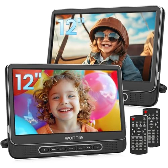 WONNIE 12" Dual Car DVD Players Portable DVD Players for Car Headrest Play a Same or Two Different Movies with 5-Hour Rechargeable Battery, Mounting Brackets, All Region, Support USB/Sync TV by WONNIE - Used - Like New condition - US$151.99