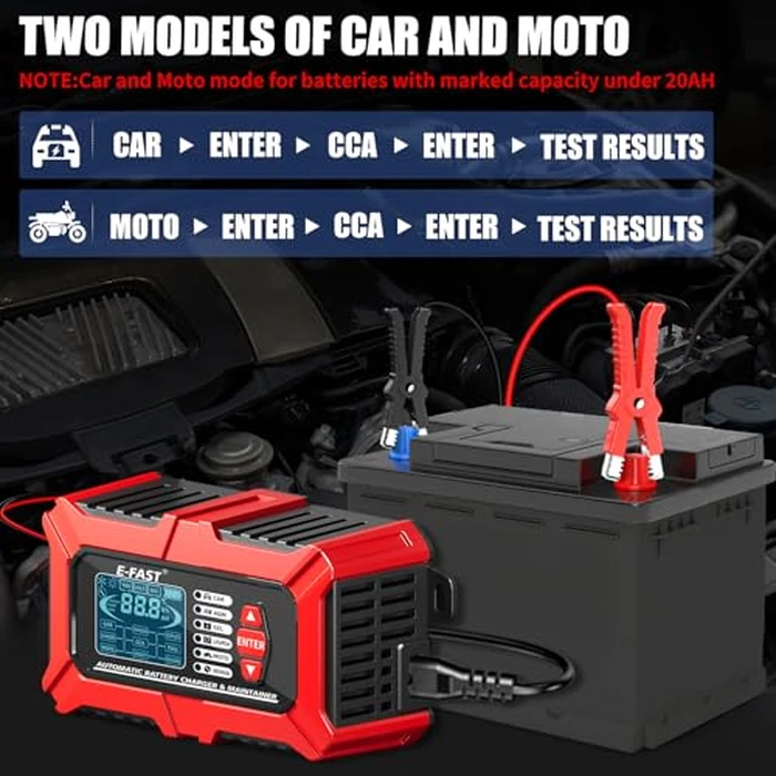 E-FAST 3 in 1 Car Battery Charger and Battery Tester w/Pulse Repair 12V 6A LiFePO4 Lead Acid Automobile Battery Charger Maintainer 40-999 CCA Digital Auto Battery Analyzer Automotive Trickle Charger by E-FAST - Image 4