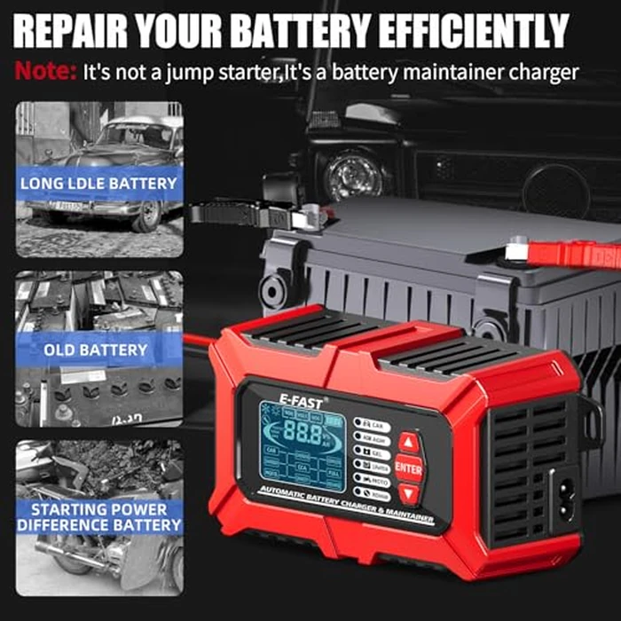 E-FAST 3 in 1 Car Battery Charger and Battery Tester w/Pulse Repair 12V 6A LiFePO4 Lead Acid Automobile Battery Charger Maintainer 40-999 CCA Digital Auto Battery Analyzer Automotive Trickle Charger by E-FAST - Image 5
