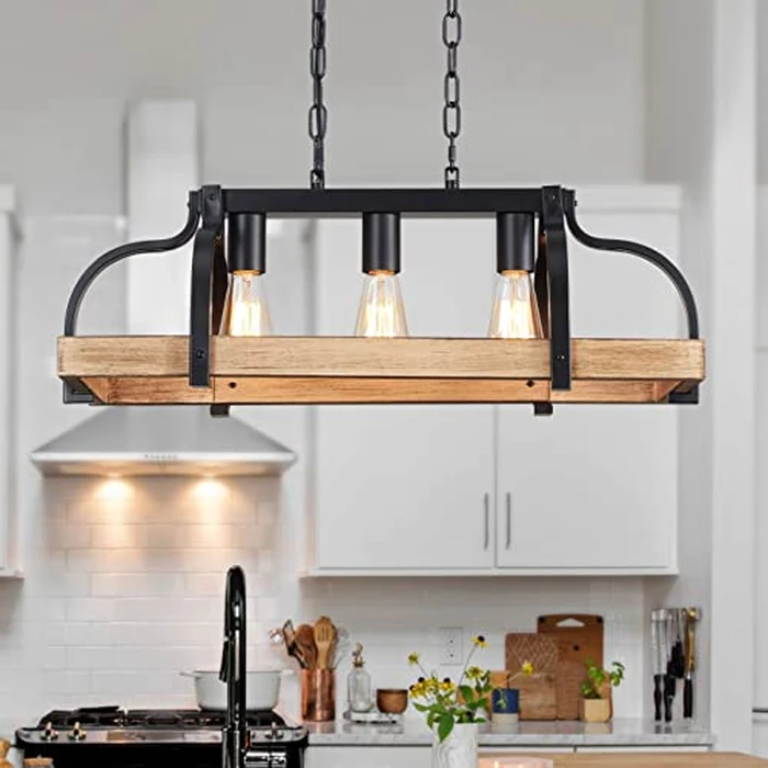 WUZUPS 3-Light Metal Pot Hanging Rack Chandelier Imitation Light Wood Grain Linear Pendant Ceiling Lighting Rustic Farmhouse Fixture Kitchen Island Dining Room, H 9.8" L 24.8" W11.8, E26 Base, Black by WUZUPS - Image 1