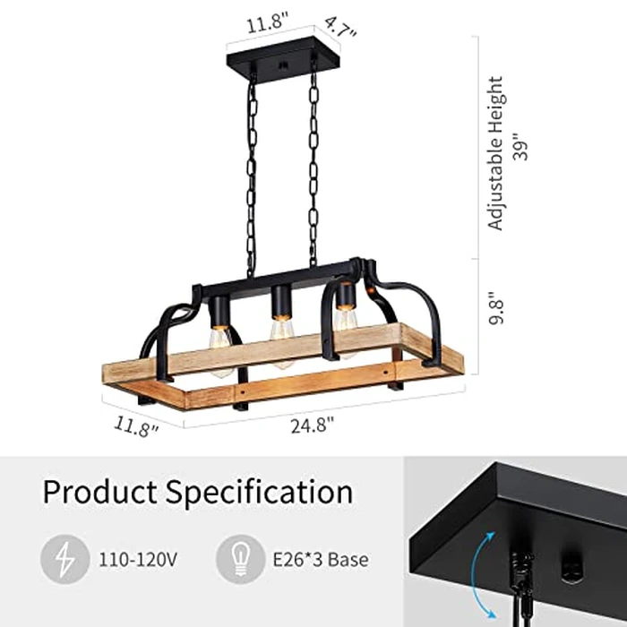 WUZUPS 3-Light Metal Pot Hanging Rack Chandelier Imitation Light Wood Grain Linear Pendant Ceiling Lighting Rustic Farmhouse Fixture Kitchen Island Dining Room, H 9.8" L 24.8" W11.8, E26 Base, Black by WUZUPS - Image 2