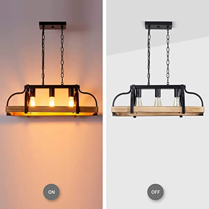 WUZUPS 3-Light Metal Pot Hanging Rack Chandelier Imitation Light Wood Grain Linear Pendant Ceiling Lighting Rustic Farmhouse Fixture Kitchen Island Dining Room, H 9.8" L 24.8" W11.8, E26 Base, Black by WUZUPS - Image 4