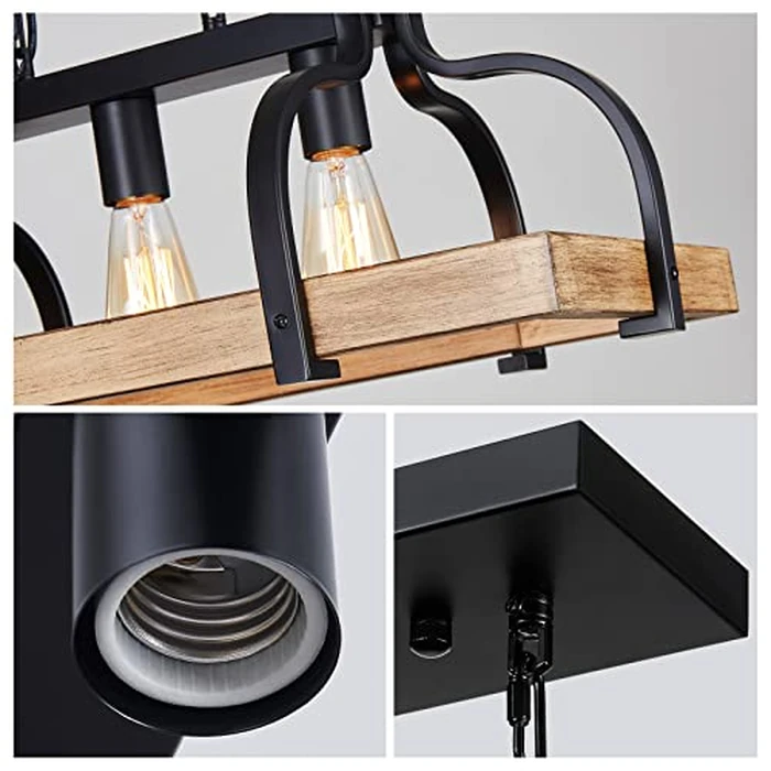WUZUPS 3-Light Metal Pot Hanging Rack Chandelier Imitation Light Wood Grain Linear Pendant Ceiling Lighting Rustic Farmhouse Fixture Kitchen Island Dining Room, H 9.8" L 24.8" W11.8, E26 Base, Black by WUZUPS - Image 5
