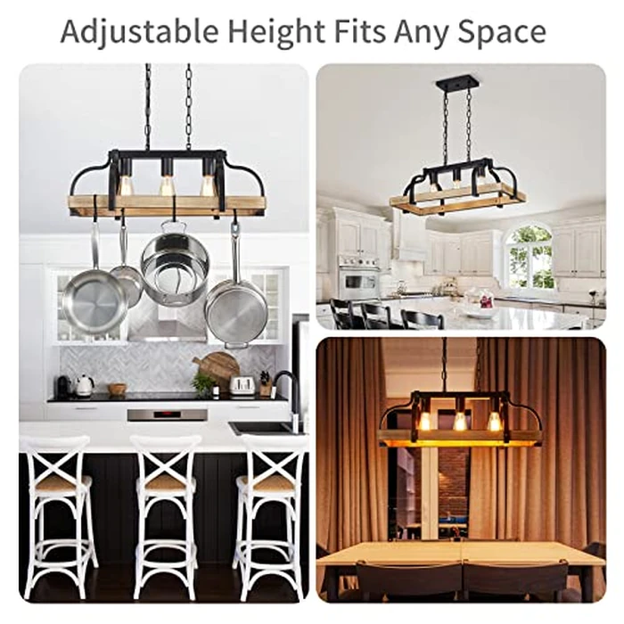 WUZUPS 3-Light Metal Pot Hanging Rack Chandelier Imitation Light Wood Grain Linear Pendant Ceiling Lighting Rustic Farmhouse Fixture Kitchen Island Dining Room, H 9.8" L 24.8" W11.8, E26 Base, Black by WUZUPS - Image 6