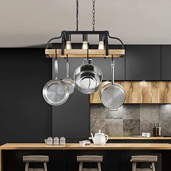 WUZUPS 3-Light Metal Pot Hanging Rack Chandelier Imitation Light Wood Grain Linear Pendant Ceiling Lighting Rustic Farmhouse Fixture Kitchen Island Dining Room, H 9.8" L 24.8" W11.8, E26 Base, Black by WUZUPS - Image 7