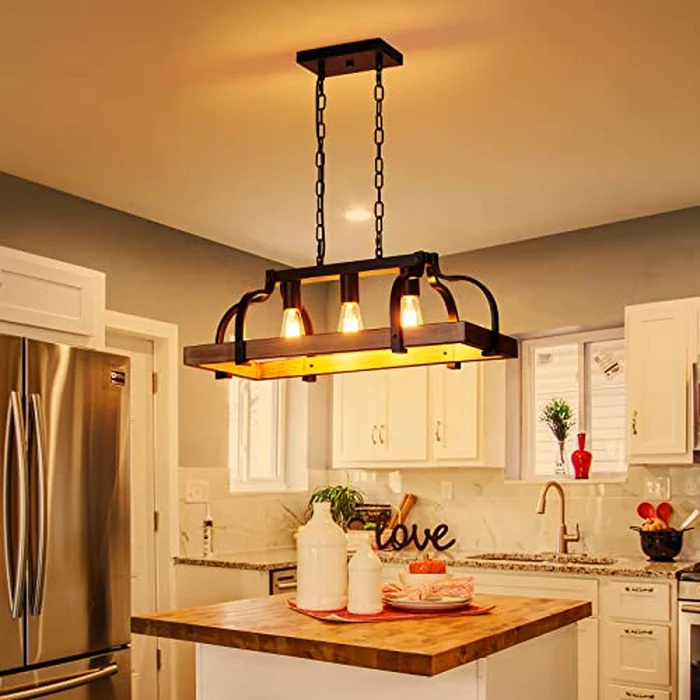 WUZUPS 3-Light Metal Pot Hanging Rack Chandelier Imitation Light Wood Grain Linear Pendant Ceiling Lighting Rustic Farmhouse Fixture Kitchen Island Dining Room, H 9.8" L 24.8" W11.8, E26 Base, Black by WUZUPS - Image 8