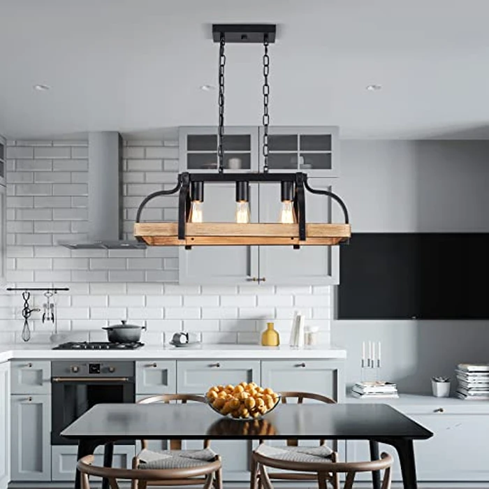 WUZUPS 3-Light Metal Pot Hanging Rack Chandelier Imitation Light Wood Grain Linear Pendant Ceiling Lighting Rustic Farmhouse Fixture Kitchen Island Dining Room, H 9.8" L 24.8" W11.8, E26 Base, Black by WUZUPS - Image 9