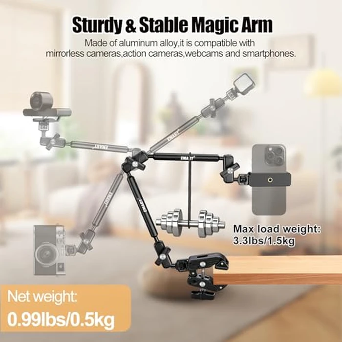 EMART 22" Flexible Magic Arm w Clamp, Articulating Friction Boom Arm with 1/4" 3/8" ARRI Threads, Overhead Mount for Camera Phone Mic Light Webcam Action Camera, Ideal for Vlogging & Live Streaming by EMART - Image 2
