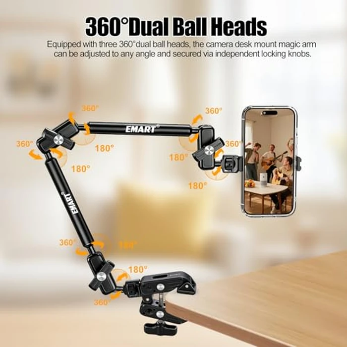 EMART 22" Flexible Magic Arm w Clamp, Articulating Friction Boom Arm with 1/4" 3/8" ARRI Threads, Overhead Mount for Camera Phone Mic Light Webcam Action Camera, Ideal for Vlogging & Live Streaming by EMART - Image 3