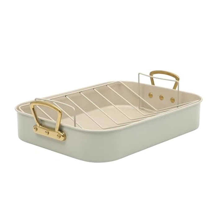 Gibson Home Broxton 2-Piece Nonstick Roaster Pan with Rack - 16 x 12 Inch Mint Green Turkey Roasting Pan with Cast Aluminum Gold Handles - Oven-Safe, Easy-Clean, Holiday Cookware by Gibson Home - Used - Good condition - CA$41.09