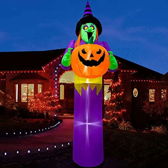 DomKom 10FT Halloween Inflatable Decorations Witch Holding Pumpkin, Build-in LED Lights Holiday Blow Up Yard Decoration for Halloween Holiday Party Outdoor, Garden Yard Lawn Decor by DomKom - Image 3