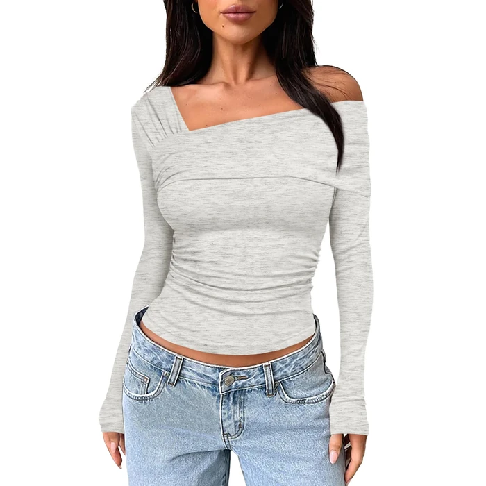 Darong Women's Casual Basic Going Out Crop Tops Slim Fit Long Sleeve Crew Neck Tight T Shirts 9033 Light Grey S by Darong - Used - Like New condition - US$12.47