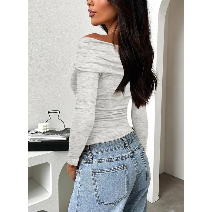 Darong Women's Casual Basic Going Out Crop Tops Slim Fit Long Sleeve Crew Neck Tight T Shirts 9033 Light Grey S by Darong - Image 2