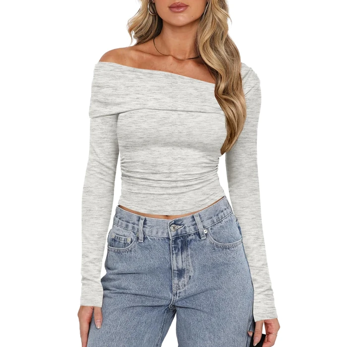 Darong Women's Casual Basic Going Out Crop Tops Slim Fit Long Sleeve Crew Neck Tight T Shirts 9033 Light Grey S by Darong - Image 3
