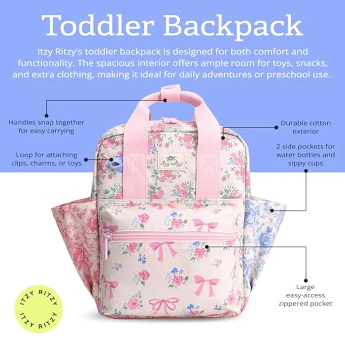 Itzy Ritzy Toddler Backpack - Daycare Bag - Features Adjustable Shoulder Straps, 2 Side Pockets & Spacious Interior with Wipeable Fabric Lining & Name Label, Ribbons & Roses Backpack by Itzy Ritzy - Image 2