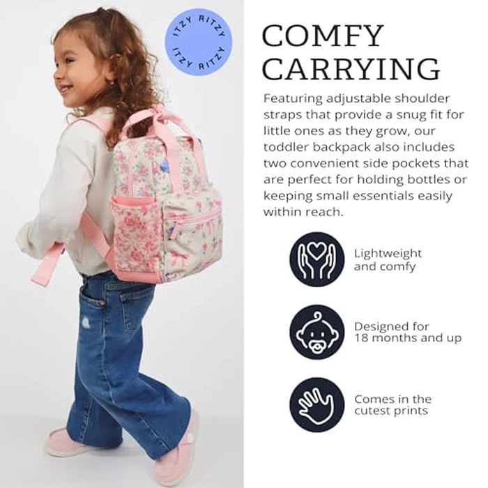 Itzy Ritzy Toddler Backpack - Daycare Bag - Features Adjustable Shoulder Straps, 2 Side Pockets & Spacious Interior with Wipeable Fabric Lining & Name Label, Ribbons & Roses Backpack by Itzy Ritzy - Image 3