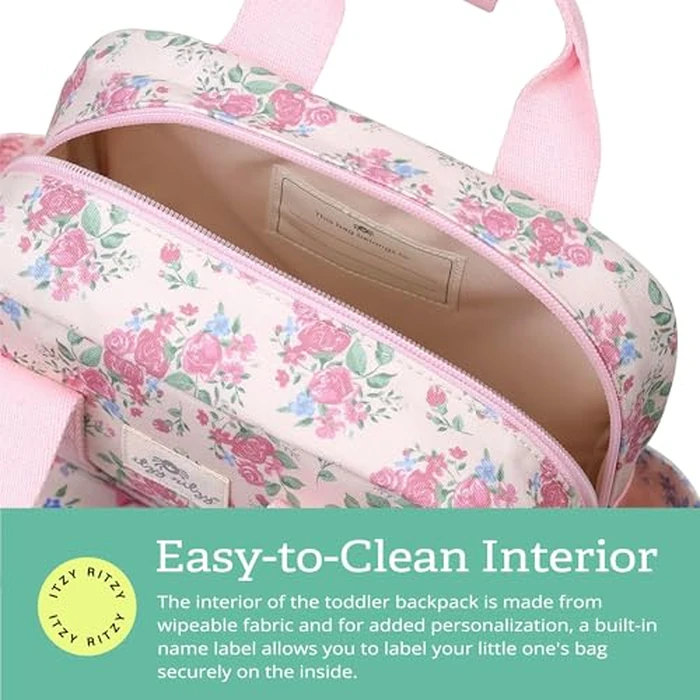 Itzy Ritzy Toddler Backpack - Daycare Bag - Features Adjustable Shoulder Straps, 2 Side Pockets & Spacious Interior with Wipeable Fabric Lining & Name Label, Ribbons & Roses Backpack by Itzy Ritzy - Image 5