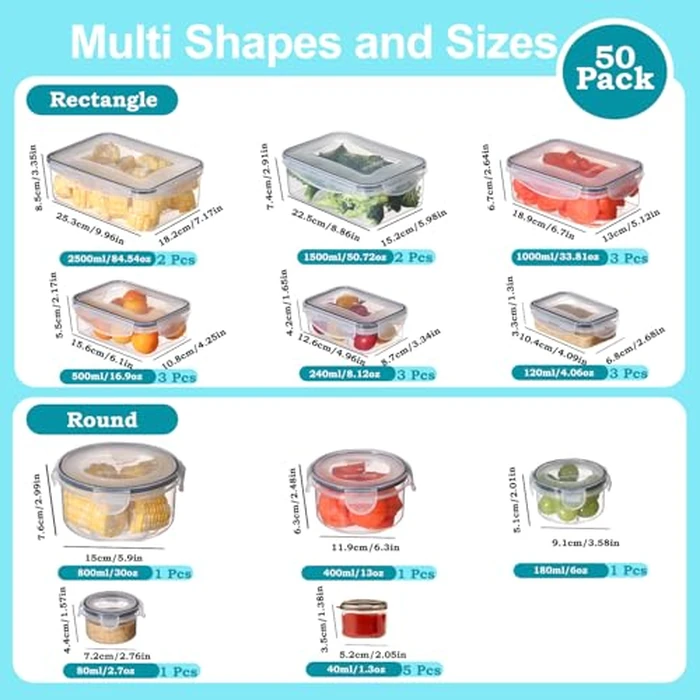 Pure Future 50-Piece Food Storage Containers Set (25-Pack) - Includes 2x JUMBO 2.5L (84oz) & 2x 1.5L Large Bins, Airtight Plastic Meal Prep Lunch Boxes with Lids, Microwave/Freezer Safe, BPA Free by Pure Future - Image 5