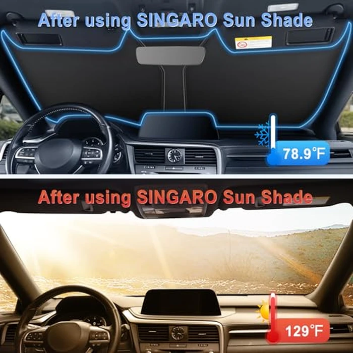 SINGARO 300T Universal Car Windshield Sun Shade, Foldable Reflective for Windshield & Window Shades with Overlapping Design, Car Interior Accessories (55" L x 26.7" W) by SINGARO - Image 3