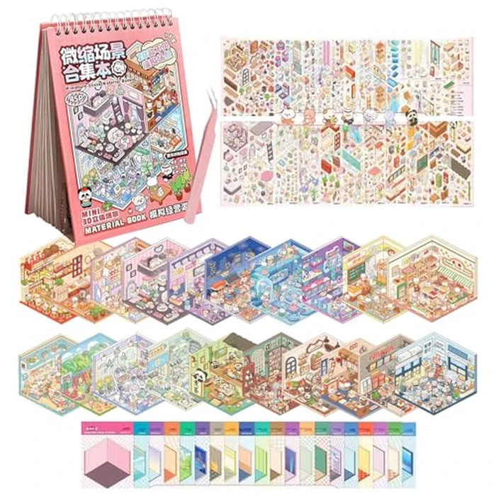 20 Sets 3D Sticker Therapy Scene Material Book,DIY 3D House Stickers Set for Adults,Rich Collection of 3D Space Stickers and Storage Spiral Notebook,Room Stickeer Book for Adults by Ronlor - Image 1
