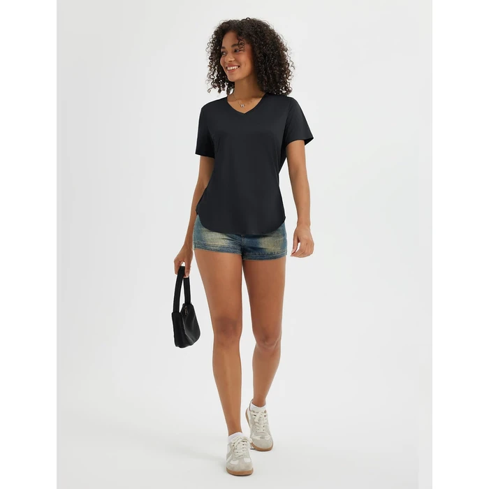 baleaf Women's Sun Shirts UPF 50+ Short Sleeve UV Protection V Neck Tops Moisture Wicking Quick Dry for Hiking Workout Running Black XL by baleaf - Image 2