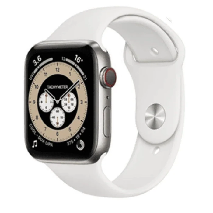 Apple Watch Series 6 (Cellular + GPS) - 32GB - 44mm - Silver Titanium Case with White Rubber Sport Band by Apple - Refurbished - Excellent condition - US$146.98