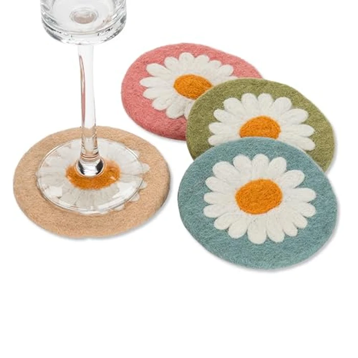 Abbott Collection Nepal Daisy Coasters. Set of 4 - Wool Felt, Assorted Colours (4" D) by Abbott Collection - Used - Very Good condition - CA$17.42