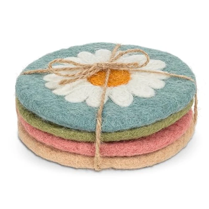 Abbott Collection Nepal Daisy Coasters. Set of 4 - Wool Felt, Assorted Colours (4" D) by Abbott Collection - Image 3