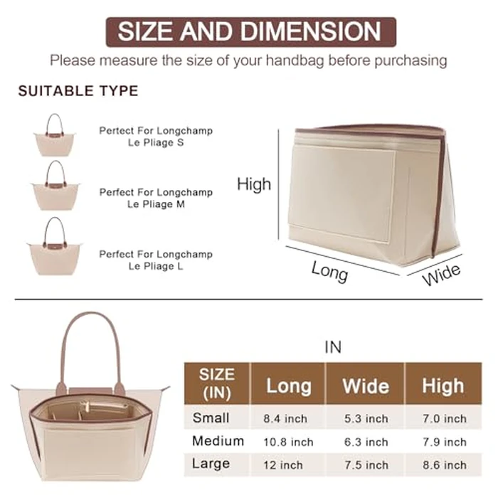 DOIAPUOS Felt Purse Organizer Insert for Longchamp Le Pliage L Bag, Handbag Leather edge Longchamp Organizer Insert with Cup Holder Tote Organize(Beige, Large) by DOIAPUOS - Image 2