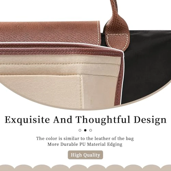 DOIAPUOS Felt Purse Organizer Insert for Longchamp Le Pliage L Bag, Handbag Leather edge Longchamp Organizer Insert with Cup Holder Tote Organize(Beige, Large) by DOIAPUOS - Image 5